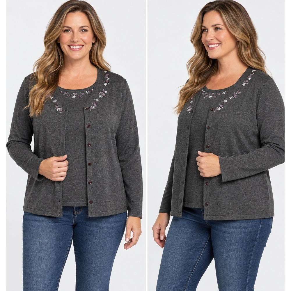 Yarnworks Set Cardigan Shell XL Gray Floral Embroidered Cottage Knit Sweater